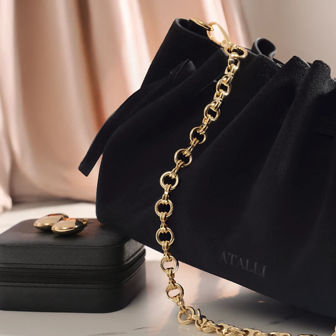 LILIA - Suede East-West Bag with Gold Chain & Leather Strap