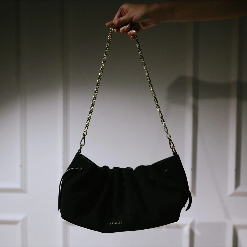 LILIA - Suede East-West Bag with Gold Chain & Leather Strap